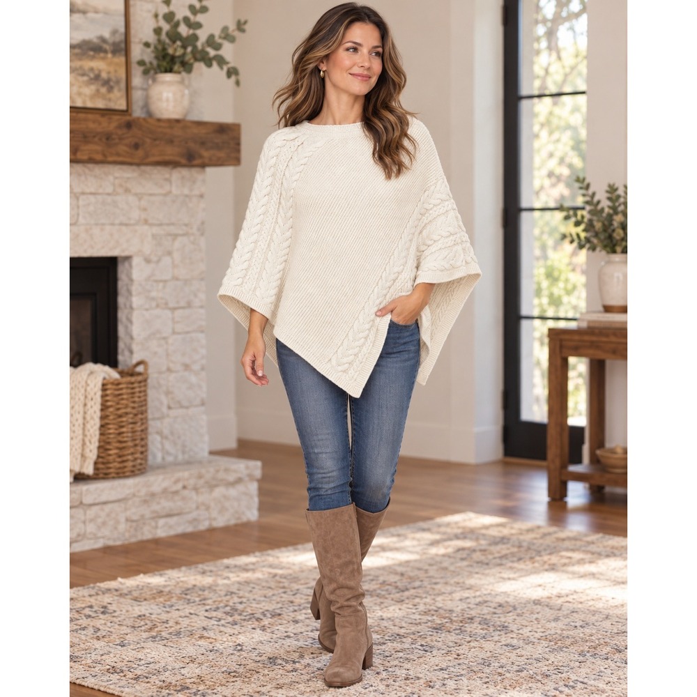 J. Jill Shawl Cream Cable Knit Asymmetrical One Size Cotton Blend Wrap